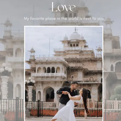 A beautiful, romantic dance pose in front of the Albert Hall Museum. We use the grandeur of this Indo-Saracenic monument as a stunning backdrop for elegant pre-wedding portraits.