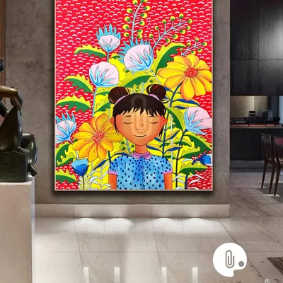 This vibrant and colorful canvas painting was a custom commission for a client in Gurugram. The piece features a whimsical portrait of a girl surrounded by oversized flowers, bringing a joyful and modern energy to the space.