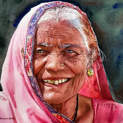 The beauty of a smile that has seen a lifetime. This watercolor portrait focuses on capturing pure joy and the character reflected in sunlit wrinkles and expressive eyes.