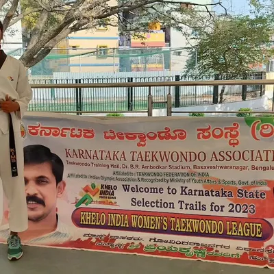 Our student, Chetana, proudly standing at the selection trials for the Khelo India Women's Taekwondo League. This is a significant achievement, representing our academy at the state and national level.