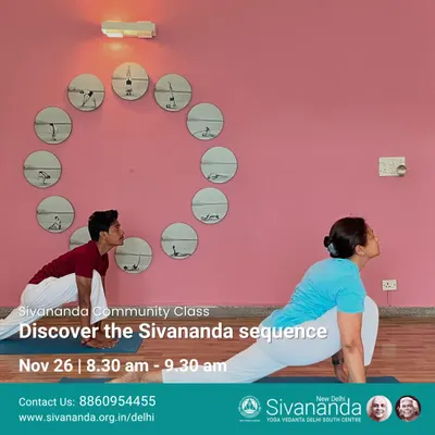 Our Sunday community class is a great way to discover the Sivananda sequence. Here, students practice Ashwa Sanchalanasana (Equestrian Pose) as part of the Sun Salutation.