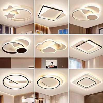 A collage showcasing a variety of modern, minimalist ceiling light fixtures I can incorporate. These designs, from stars and clouds to sleek geometric shapes, act as both a light source and a decorative element.