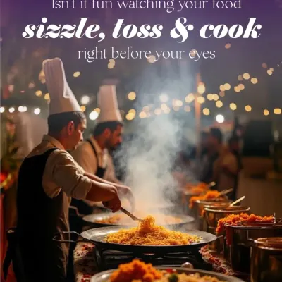 There's nothing more appetizing than watching your food being prepared right in front of you. Our live counters bring excitement and fresh flavors to any event, making the meal an experience in itself.