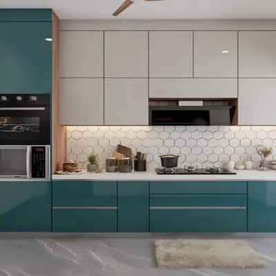 A 3D design showcasing a modern kitchen with teal and light grey glossy cabinets. The hexagonal tile backsplash and integrated tall unit for appliances were planned to create a stylish and functional space.