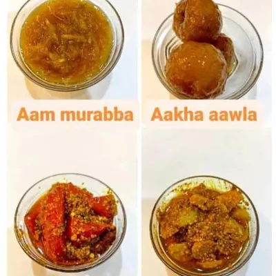 Here is another selection of my homemade products. This includes my sweet and tangy Aam Murabba, whole Aakha Aawla Murabba, spicy Lal Mirchi Achar, and tangy Aawla Achar. There is a flavor for everyone in the family.