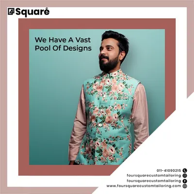 Make a bold statement with our custom Nehru jackets. This vibrant turquoise floral print jacket is a testament to our diverse design pool, created for those who want their festive wear to reflect a unique and modern sensibility.