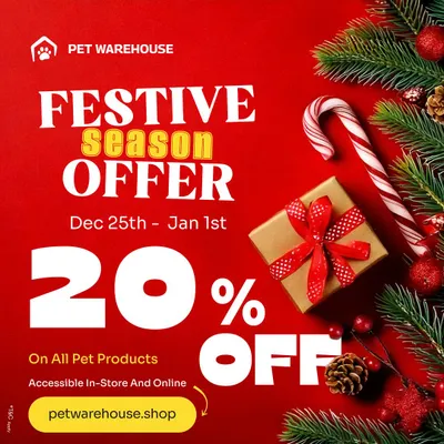 Celebrate the festive season with a special treat for your furry friend. Enjoy a flat 20% discount on all our pet products, available both in-store and online. It's the perfect time to stock up on essentials.