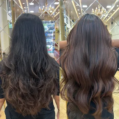 This before and after shows how a global cinnamon brown color can completely transform hair. It adds warmth, richness, and a healthy shine, making it a perfect choice for Indian skin tones.
