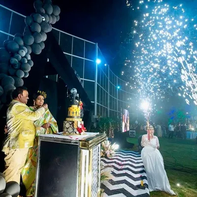 A wide shot of the cold pyro display during a 60th birthday cake cutting. The sparks create a brilliant fountain of light, perfectly framing the couple and making the moment feel spectacular.