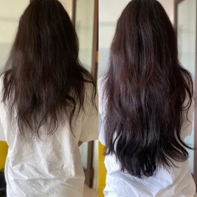 A perfect example of a full-volume transformation using a 160gm clip-on set. The 'after' shot shows how the extensions add density and length for a much healthier and fuller appearance.