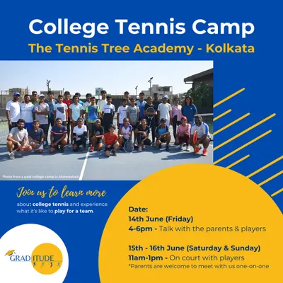 Here is the announcement for our successful College Tennis Camp in Kolkata. These events are designed to be fun, informative, and give aspiring players a clear understanding of what it takes to play for a team in the US.