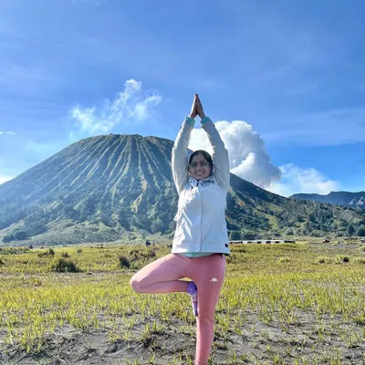 Finding my balance in Tree Pose in the sea of sand near Mount Bromo, an active volcano in Indonesia. Yoga isn't just for the mat; it's a way to connect with incredible landscapes and find stillness anywhere in the world.