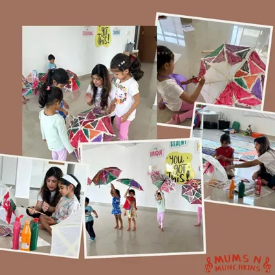A collage from our vibrant Dussehra workshop, featuring our popular umbrella painting activity. These themed events are packed with crafts, music, and games to celebrate the festive season in a playful way.