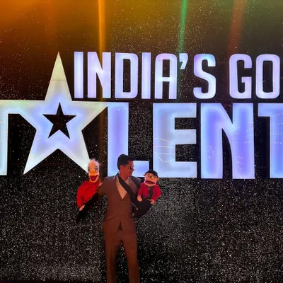 A wide shot from the grand stage of India's Got Talent. The scale of the production was massive, and we were thrilled to bring our puppet comedy act to such a huge national audience.