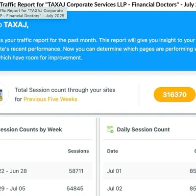 A screenshot of our monthly website traffic report showing over 316,000 sessions in July. This demonstrates the high volume of users who trust our website for financial information.