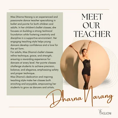 Meet our founder and director, Dharna Narang. She specializes in ballet and pointe for both children and adults, focusing on building a strong technical foundation in a supportive and creative environment.