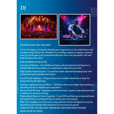 An overview of our high-energy DJ services. We provide customized playlists, professional-grade sound systems, and dynamic lighting to keep the dance floor packed all night long.