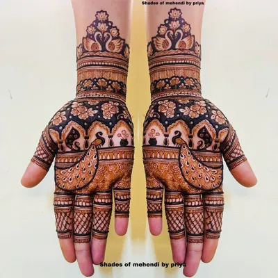 A classic full bridal mehendi with matching designs on both hands. This pattern features graceful swans and peacocks, along with traditional jharokha architecture.