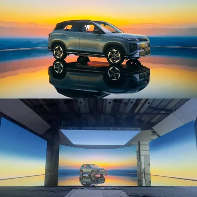 A Hyundai Creta positioned against a stunning sunset, created entirely on our LED stage. The bottom view shows the studio setup, illustrating how we achieve these flawless results for automotive advertising in a controlled environment.