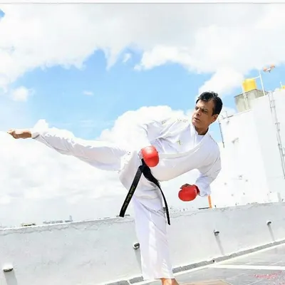 Hanshi Bharat Sharma demonstrating a flawless high kick. His technical mastery and physical discipline are an inspiration to every student at the academy.