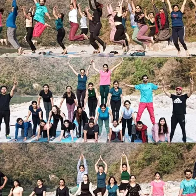 A collage of joy and connection from our 300-hour YTTC. We jump, we support each other in partner poses, and we build a human pyramid of trust.
