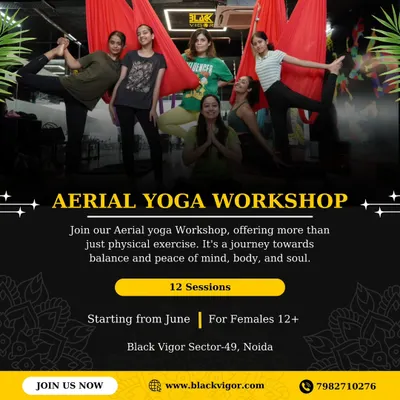 Join our Aerial Yoga workshop for a journey towards balance and peace of mind, body, and soul. This poster announces our 12-session workshop for females, a perfect start for beginners.