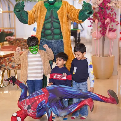 A superhero celebration in full swing. With Spider-Man and the Hulk making a surprise appearance, the birthday boy and his friends are having an action-packed day they'll never forget.