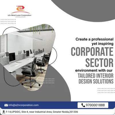 A professional and inspiring corporate office environment with a clean, open-plan layout. The design features long workstations, ergonomic chairs, and subtle green elements to create a productive and pleasant atmosphere.