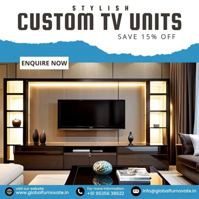 An example of our stylish custom TV units. This design features a dark wood finish with backlighting, integrated drawers, and illuminated side display shelves, creating a sophisticated entertainment center.