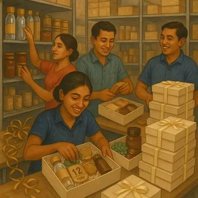 Behind every beautiful gift box is a team full of heart. This illustration captures the spirit of my team, packing each order with care, laughter, and lots of love.