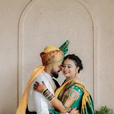 An intimate and heartfelt embrace between the bride and groom in their stunning Maharashtrian wedding attire. These are the quiet, emotional moments I cherish capturing.