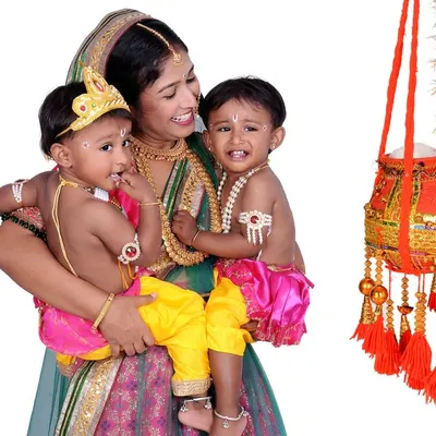 A heartwarming Yashoda Krishna themed photoshoot for Janmashtami. These sessions include full costumes and props to create a truly memorable and divine portrait of mother and child.