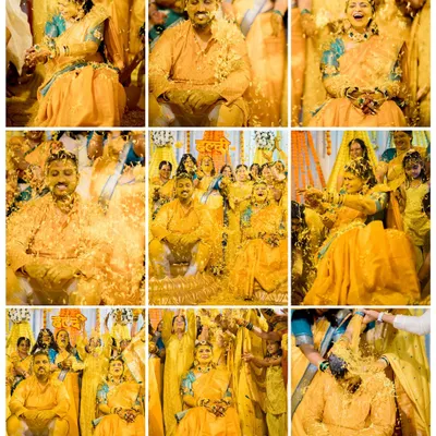 A collage filled with the golden-yellow hues of a Haldi ceremony, showing the couple being showered with love and turmeric.