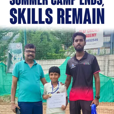 Skills last forever. We are proud to present a graduate of our cricket summer camp with his father and coach, holding his medal and certificate of completion.