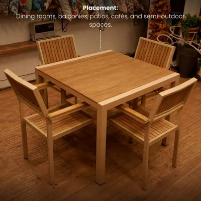 This is a four-seater outdoor dining set with a clean, modern design. The table and chairs feature a combination of a light-colored aluminum frame and teak wood slats. As the text overlay suggests, this versatile set is perfect for dining rooms, balconies, patios, and even cafes.