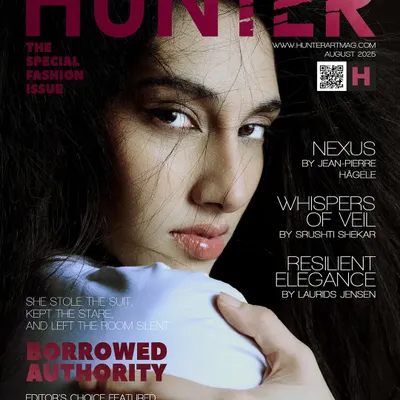 The cover feature for Hunter Magazine. A powerful close-up is all about the eyes. We used minimal lighting to focus all the attention on her direct gaze, creating a sense of borrowed authority and silent confidence.