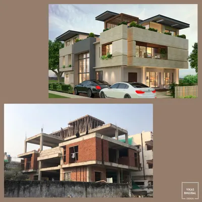 This image juxtaposes our 3D architectural render with the on-site construction progress for a bungalow in Lucknow. It demonstrates how the foundational structure is precisely laid to match the final, sophisticated design vision.
