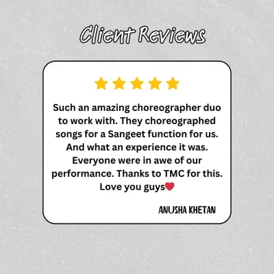 "Everyone was in awe of our performance." We love hearing feedback like this. Our goal is to make your sangeet dance a moment you'll be proud of.