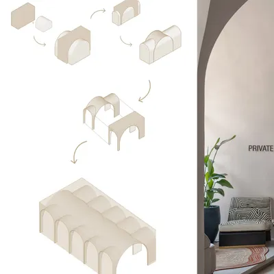 This diagram shows the geometric evolution of the "Vault's Up" project. It started with a single cube, which was carved and shaped into a singular arch. These arches were then stacked side by side to form the final dynamic vaulted space.
