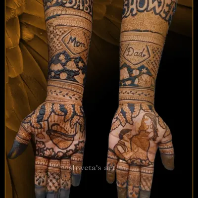 A complete baby shower mehendi design. This features a portrait of the pregnant mother on one palm and "Baby Shower" written on the arms, with cute baby-related motifs.