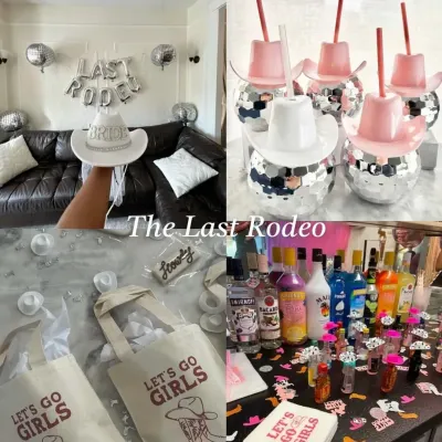 Get inspired by "The Last Rodeo" theme for a fun bachelorette party. Think disco ball cups with cowboy hats, "Let's Go Girls" tote bags, and plenty of sparkle for the bride's final ride.