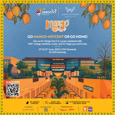 An illustrated poster for our Mango Fest 2.0, inviting everyone to a "mango-nificent" weekend. The event promises over 100 mango varieties, music, and AI-powered fun at The Square.