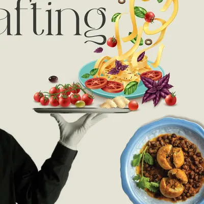 A graphic illustrating our philosophy: where creativity meets cuisine. This image combines elements of Italian and Indian food with the classic image of white-glove service, representing the diverse and sophisticated tastes we cater to.