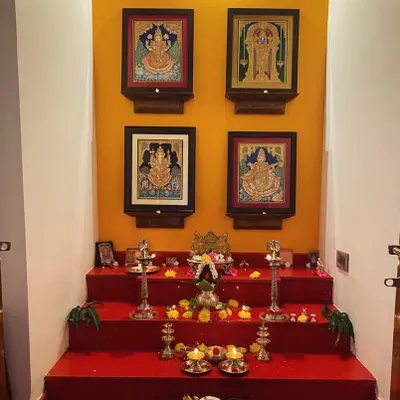 Decorate your Pooja room with these beautiful Mysore traditional paintings. This client's setup shows how a set of four paintings can create a unique and special sacred space.