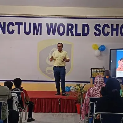 Presenting a workshop at Sanctum World School. I am explaining how Vedic Maths tricks can simplify complex calculations, a skill that is incredibly useful for school exams.