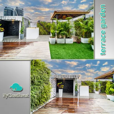 This terrace project combines multiple textures for a modern look. I used rich wooden decking for the main area, a patch of artificial grass for softness, and a dense vertical garden wall to screen off the adjacent building, creating a stylish and private rooftop lounge.