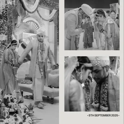 A black and white collage showing the story of a wedding ceremony, from the pheras to the exchange of blessings. It’s a timeless look at sacred traditions.