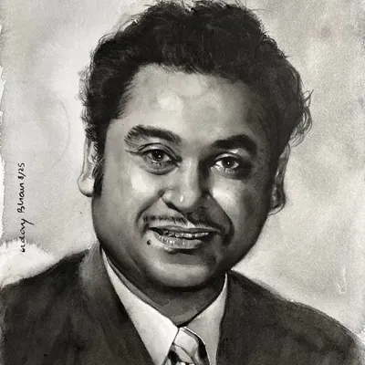 A monochrome portrait of the legendary Kishore Kumar. Working in a single color helps us focus entirely on value, light, and shadow to capture a timeless charm.