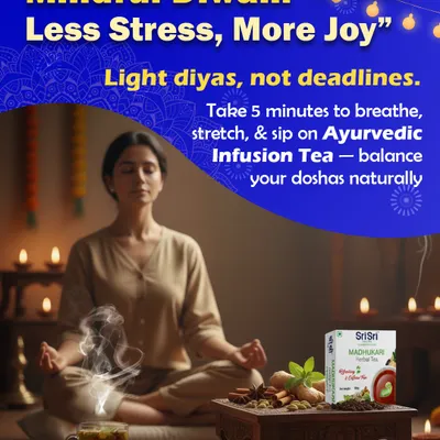 This Mindful Diwali, choose less stress and more joy. This image of a woman meditating with a cup of Sri Sri Madhukari Herbal Tea suggests taking a moment to breathe, stretch, and sip to balance your doshas naturally.