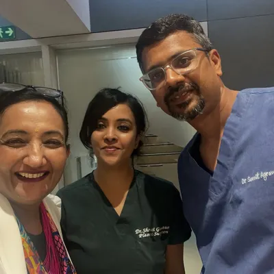 This is my core surgical team, Dr. Sumit Agrawal and Dr. Shruti Gautam, alongside me at the clinic. We work together closely, combining my diagnostic oversight with their surgical expertise to ensure every patient receives comprehensive and safe care.